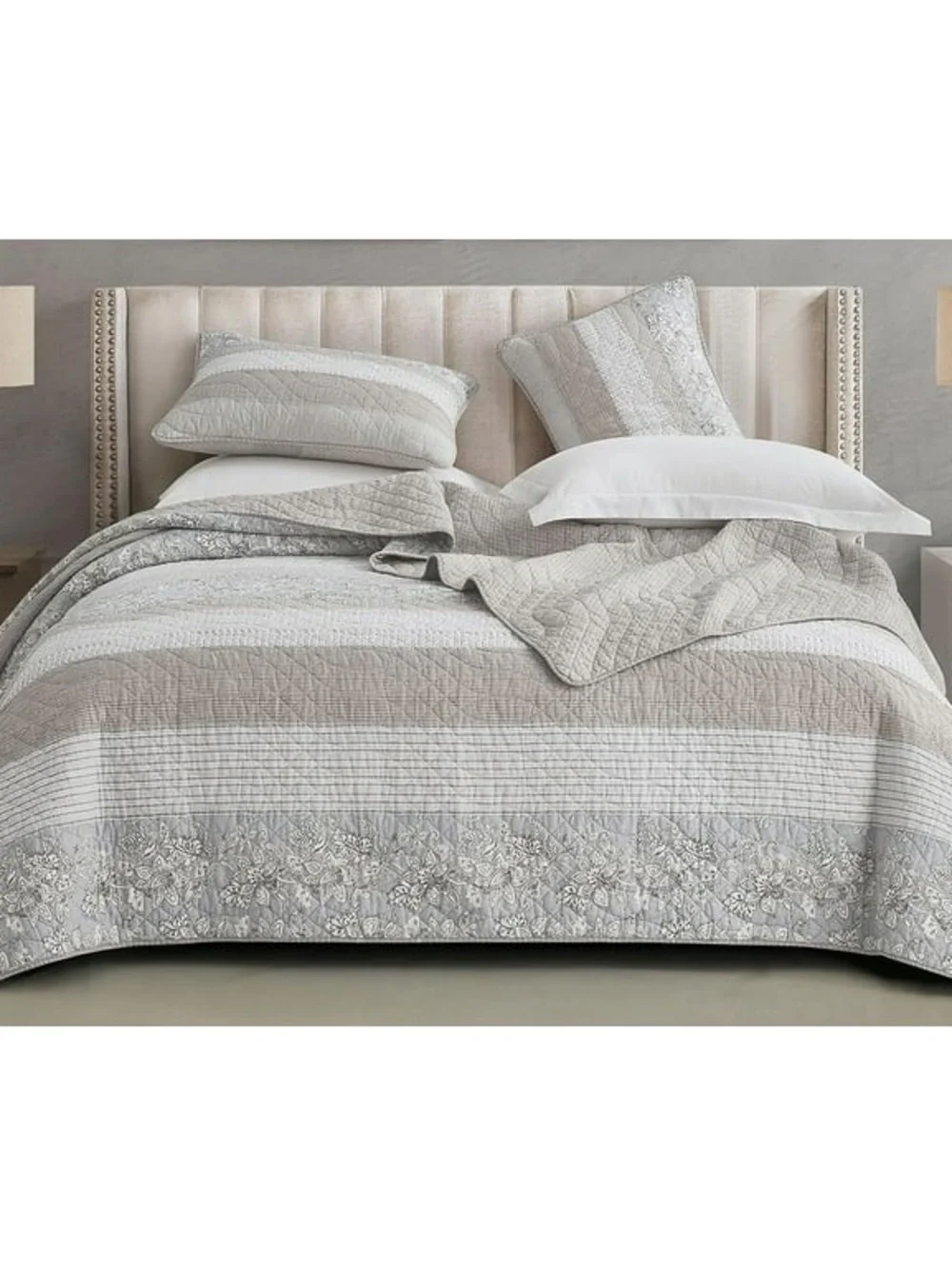 Gray Striped 100% cotton cal king Quilt Set - Neutral Bedspread